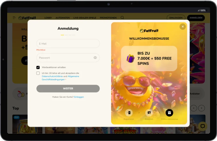 FatFruit-App Anmeldeseite