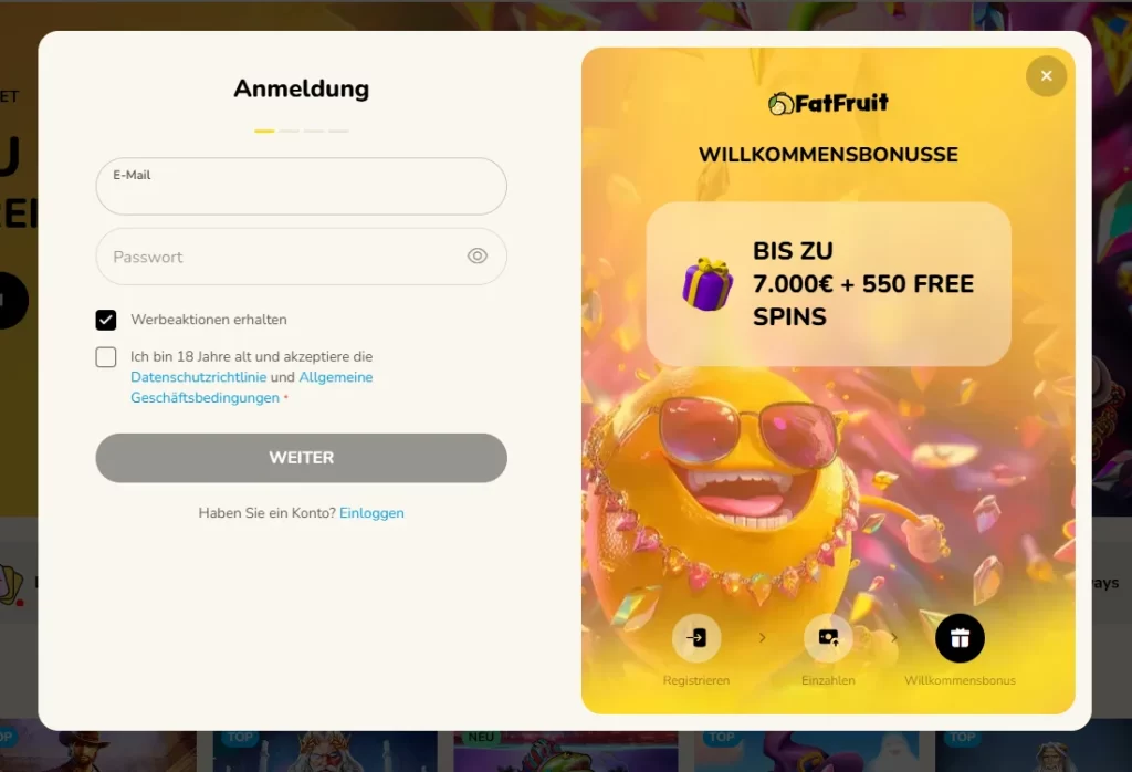 FatFruit Casino Registrierung Fenster